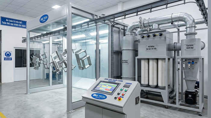 Buồng phun sơn tĩnh điện có hệ thống hút lọc giúp kiểm soát bụi bột sơn