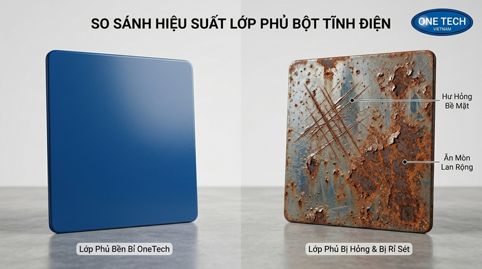 So sánh kim loại được sơn tĩnh điện tốt và bề mặt bị gỉ do lớp phủ hỏng