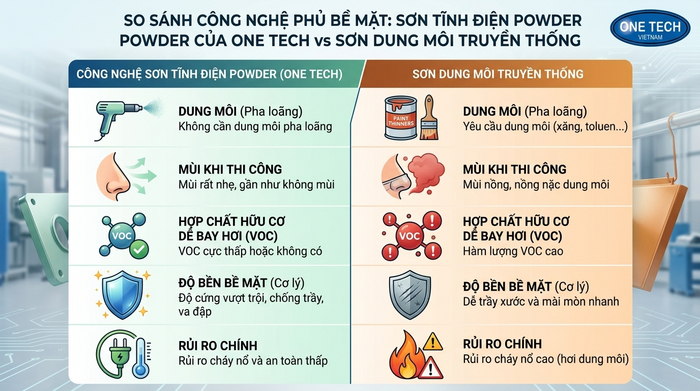 Bảng so sánh sơn tĩnh điện và sơn truyền thống về VOC mùi độ bền và môi trường