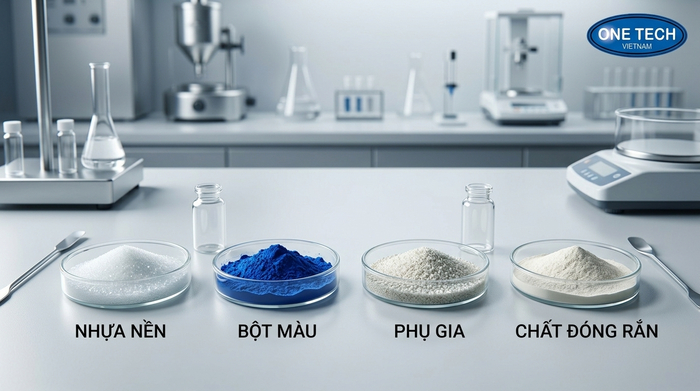 Thành phần bột sơn tĩnh điện gồm nhựa nền bột màu phụ gia và chất đóng rắn