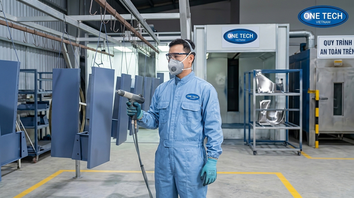 Thiết bị bảo hộ cần có khi thi công sơn tĩnh điện gồm khẩu trang kính găng tay và quần áo bảo hộ