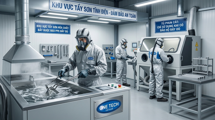 An toàn trong quá trình tẩy sơn tĩnh điện Trang bị bảo hộ và kiểm soát an toàn trong quá trình tẩy sơn tĩnh điện