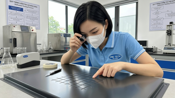 Độ bám lớp sơn tĩnh điện Kiểm tra độ bám lớp sơn tĩnh điện trên bề mặt kim loại