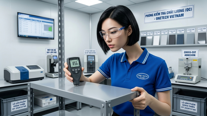 Kiểm tra chất lượng lớp sơn tĩnh điện Kiểm tra độ dày và độ bám lớp sơn tĩnh điện sau khi hoàn thiện