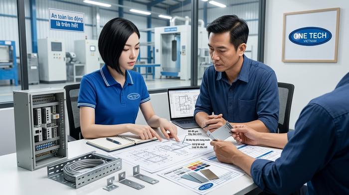 Kinh nghiệm đặt gia công sơn tĩnh điện tại Bắc Ninh Kỹ thuật viên trao đổi yêu cầu sơn tĩnh điện trước khi gia công sản phẩm