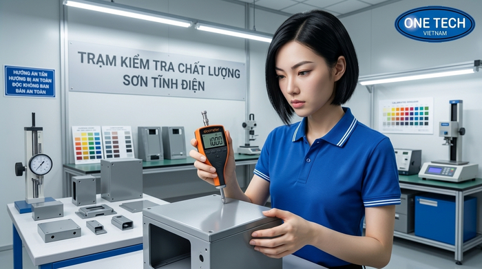 Nghiệm thu sản phẩm sơn tĩnh điện tại Bắc Ninh Nghiệm thu độ dày màu sắc và bề mặt sơn tĩnh điện trước khi bàn giao