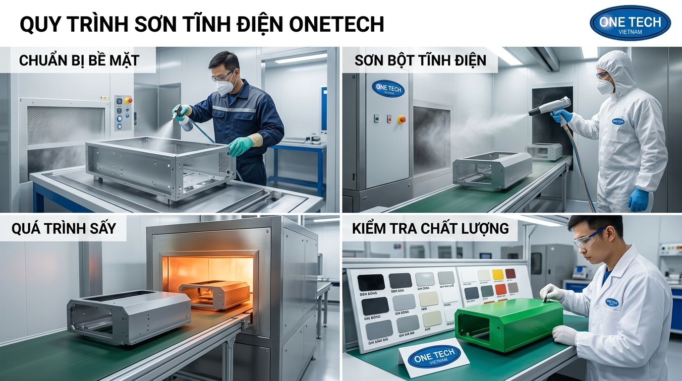 Quy trình sơn tĩnh điện kiểm soát màu sắc từ xử lý bề mặt đến sấy hoàn thiện